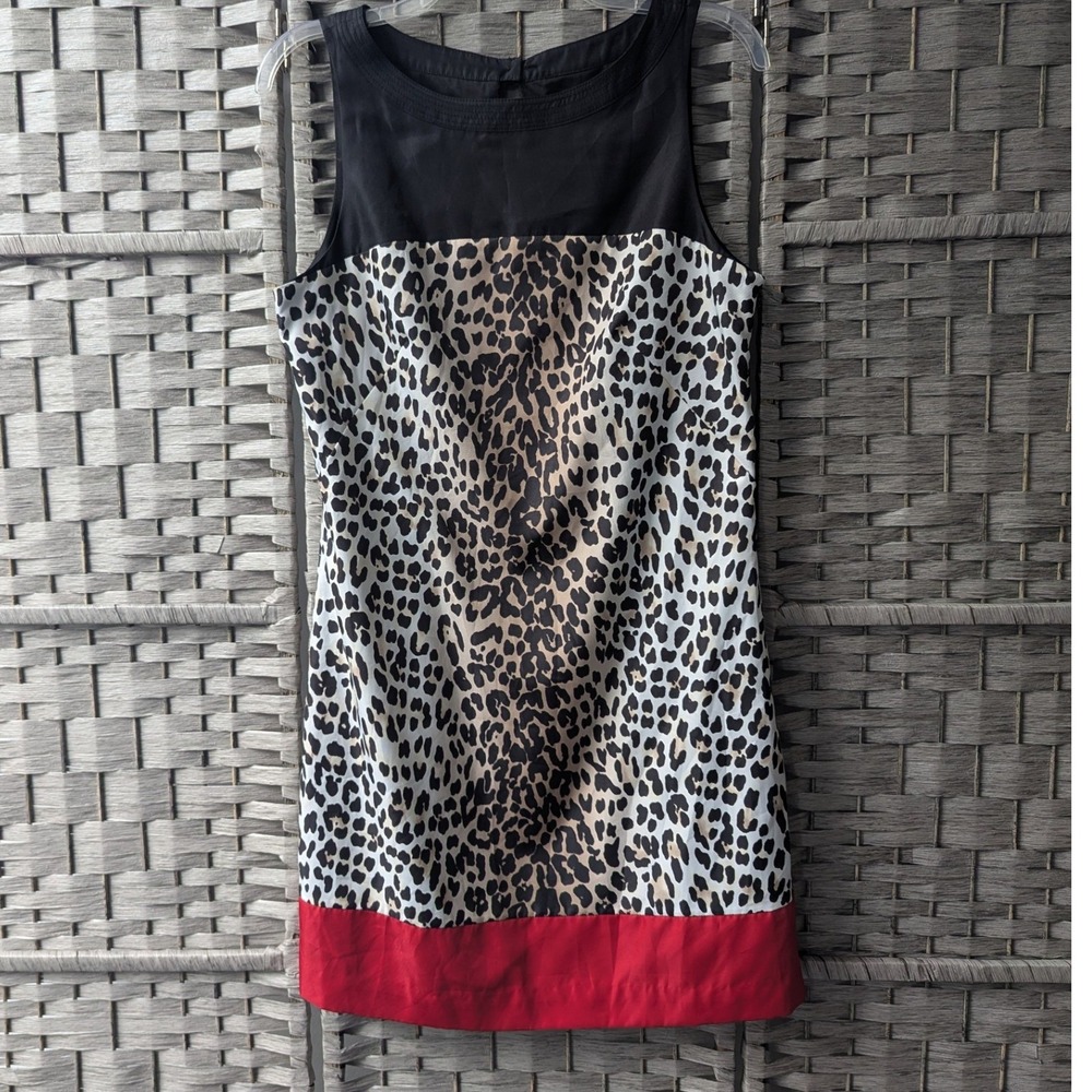 WHBM Sleeveless Shift Dress Leopard Animal Print Colorblock Black Red Sz 8 Chic